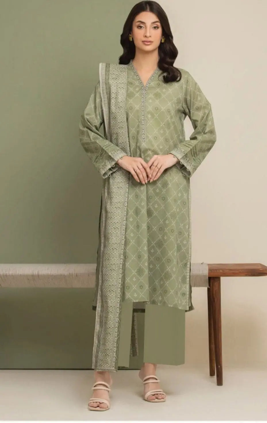 Olive Grace - 3 Piece Printed Lawn Suit | Subtle Elegance in Sage Green Khoobsurat