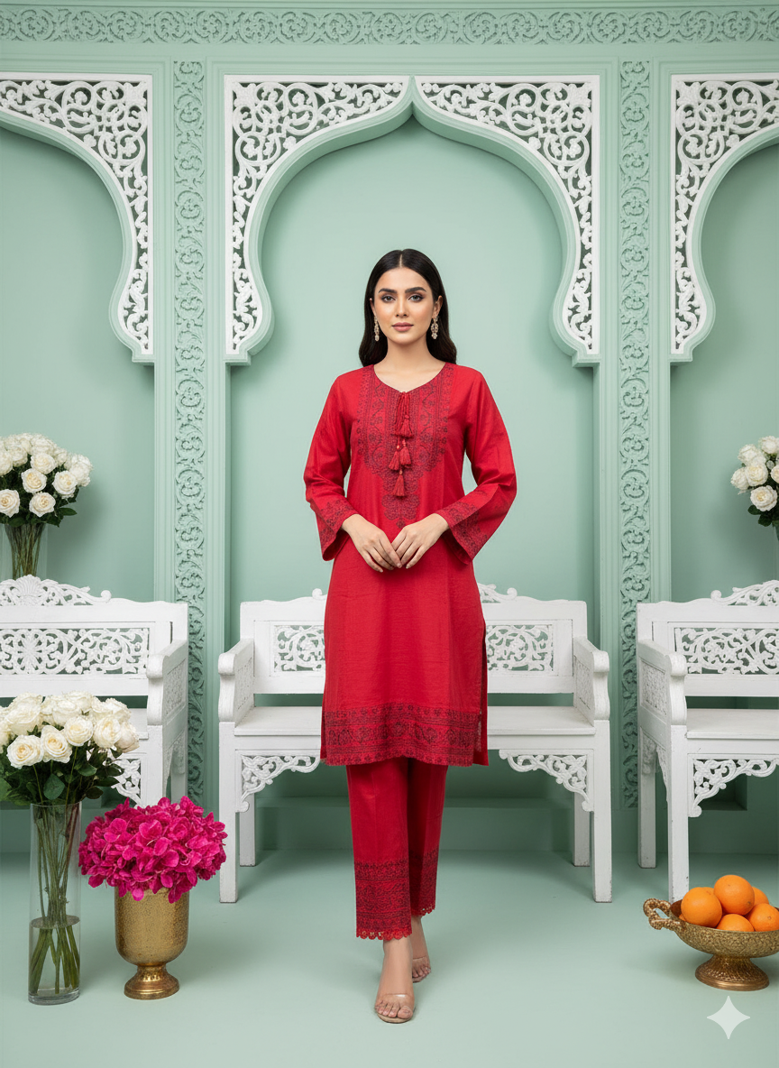 Crimson Red 2-Piece Embroidered Khaddar Suit