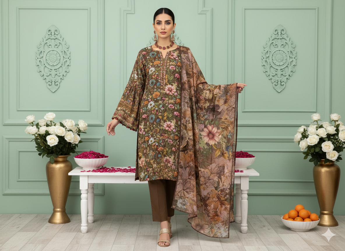 I.J by Hooriya Gold – Autumn Rust 3-Piece Unstitched Viscose Suit