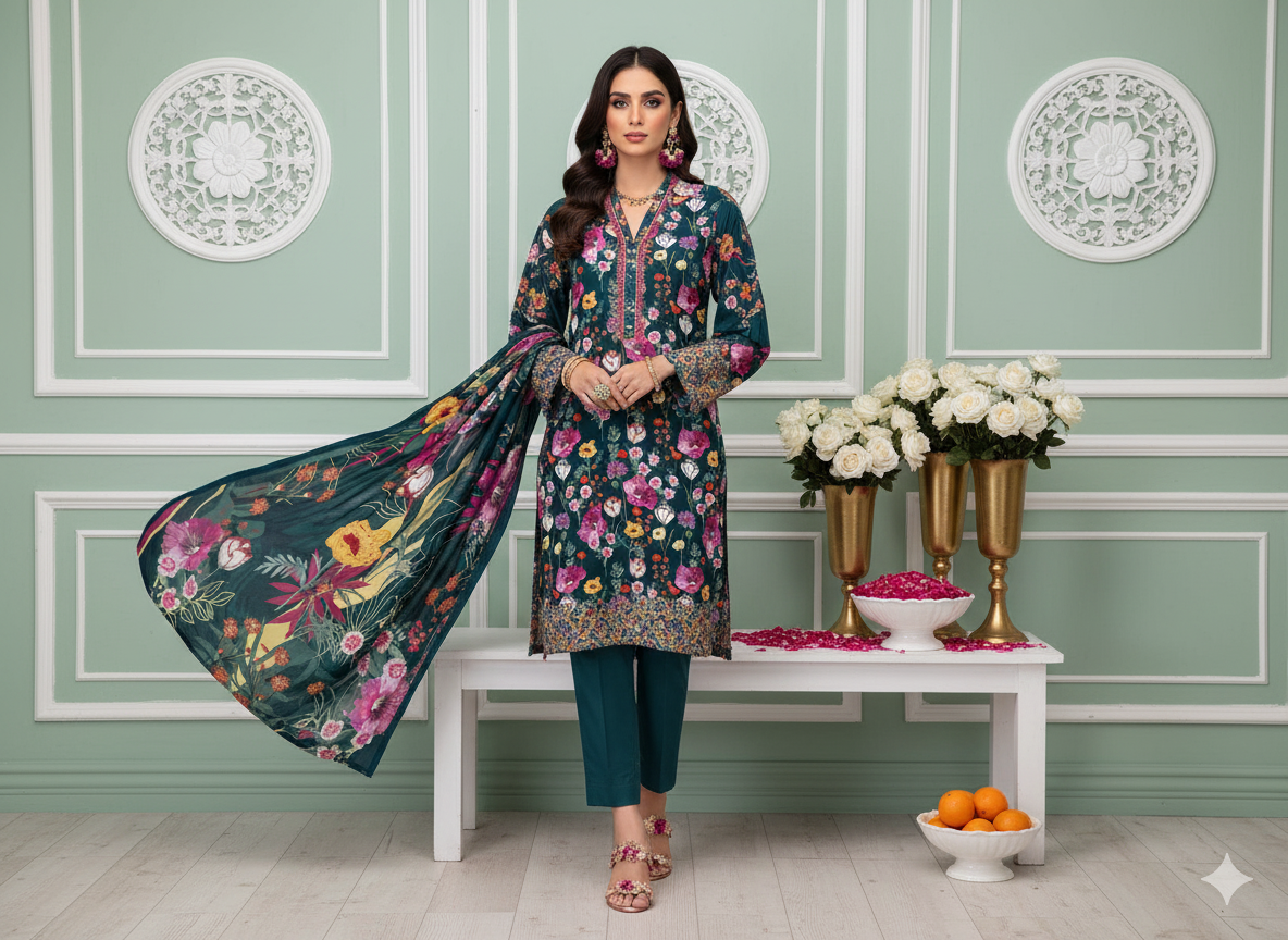 I.J by Hooriya Gold – Midnight Petals 3-Piece Unstitched Viscose Suit
