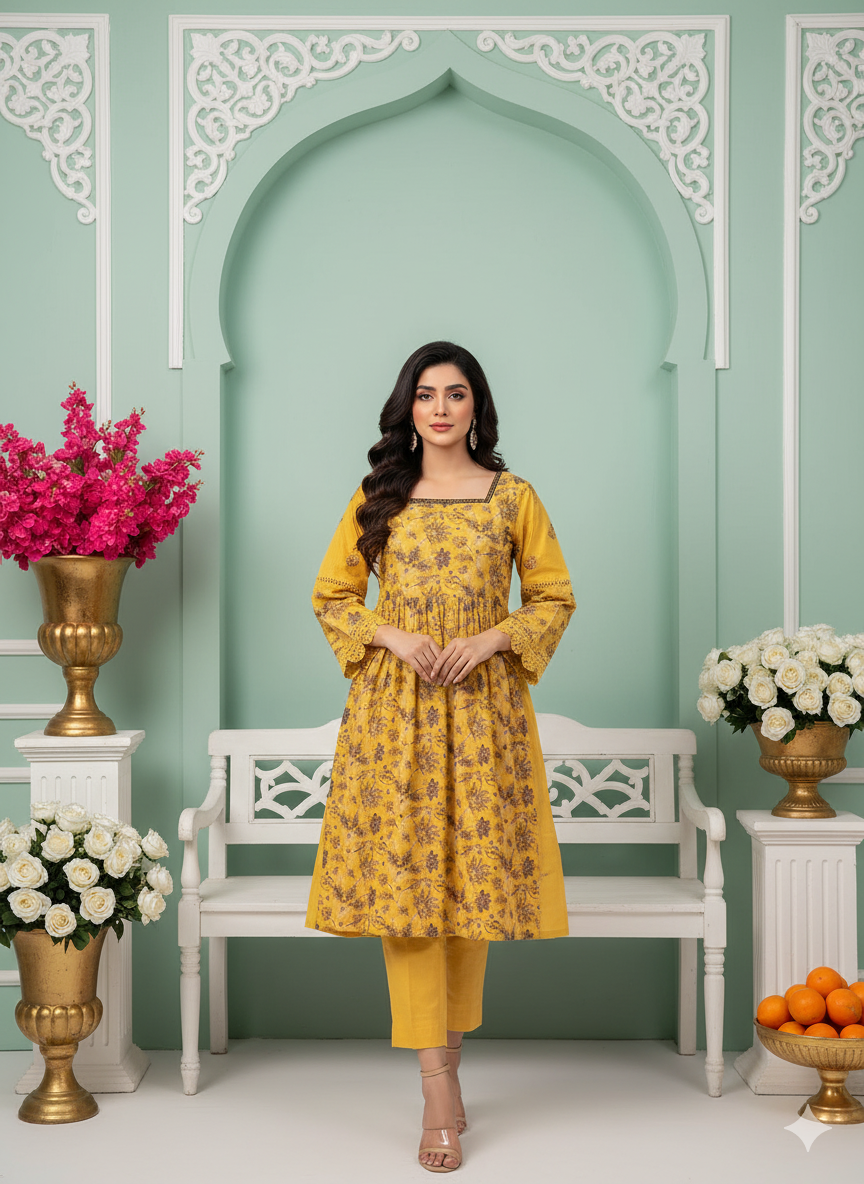 Mustard Yellow 2-Piece Embroidered Khaddar Suit