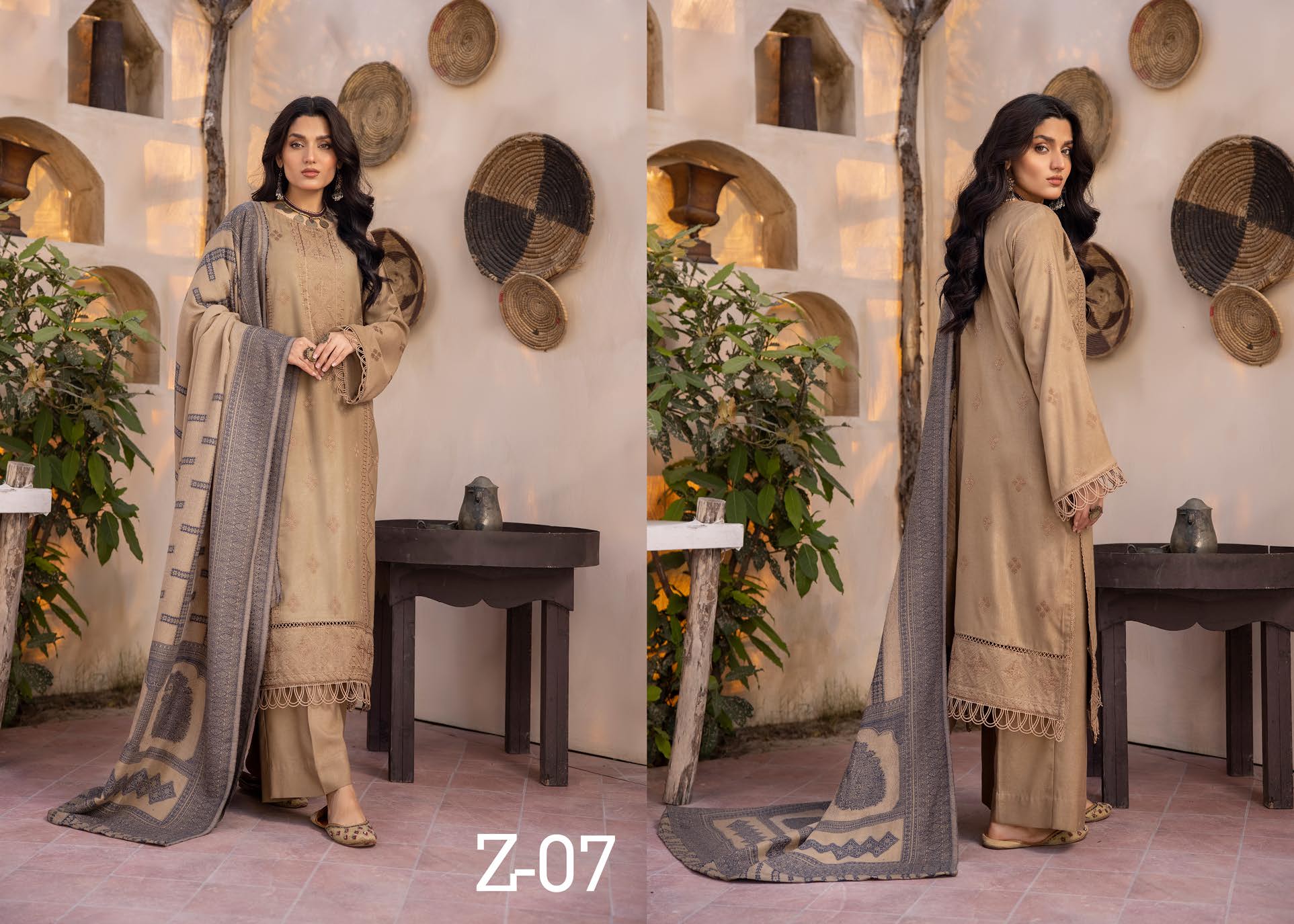 Zeenat by khoobsurat Embroidered Peach Leather Collection with Sawati Shawl (Z-07)