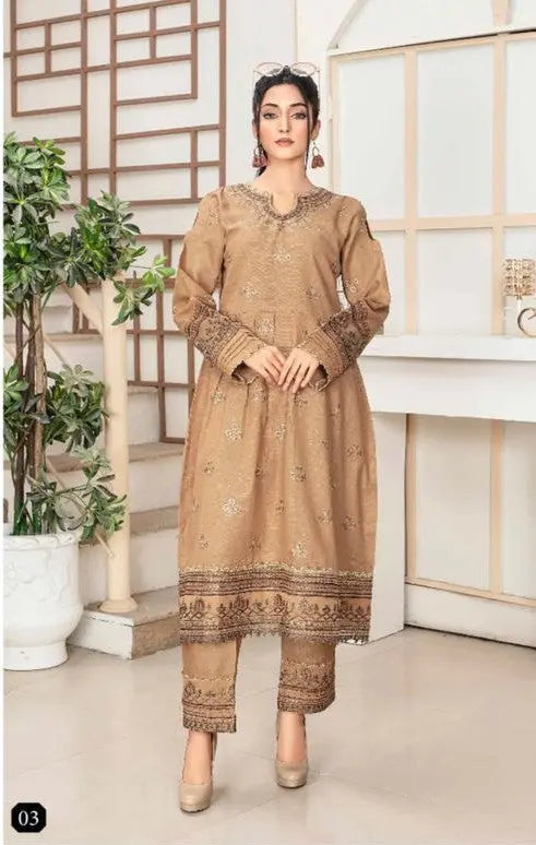 Elegant Brown Embroidered Khaddar Stitched 2-Piece Suit Khoobsurat