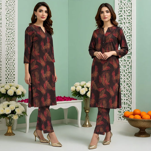Rangmehr by Virsaah Kotrai – 2PC Allover Rust Leaf Print