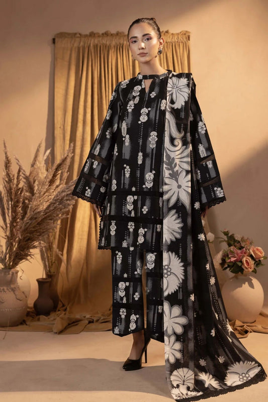Midnight Bloom Black & White Lawn 3-Piece Suit | Elegant Contrast Collection | Khoobsurat 2025