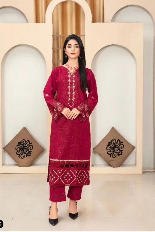 Deep Maroon Embroidered Khaddar Stitched 2-Piece Suit Khoobsurat