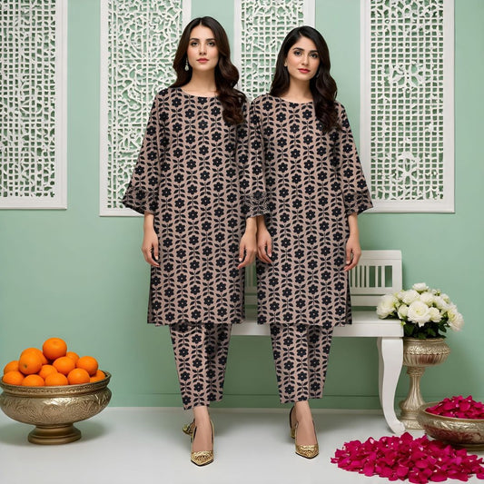 Rangmehr by Virsaah Kotrai – 2PC Allover Beige Black Print
