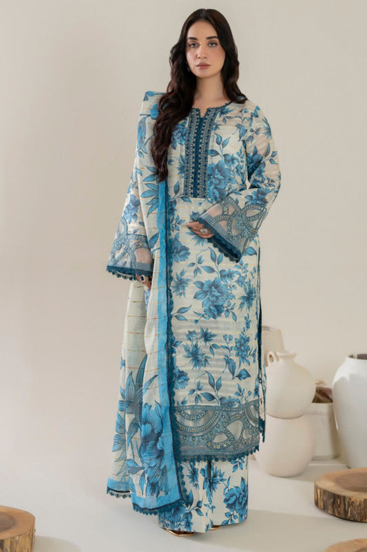 Ivory & Aqua Blue Floral Lawn 3-Piece Suit | Summer Bloom Edition | Khoobsurat 2025