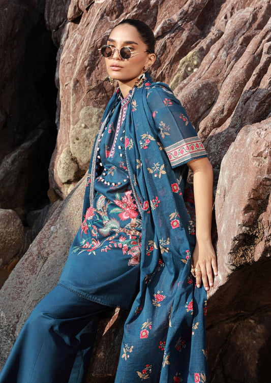 Sana Safinaz Printed Linen 3Pc – Deep Teal with Floral Embroidery