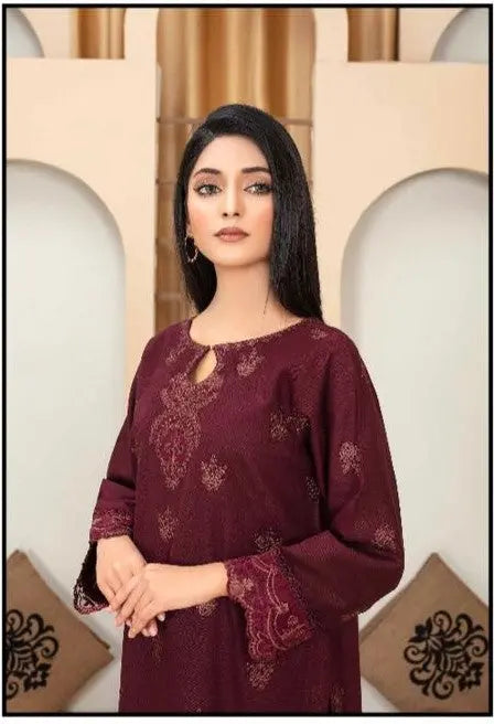 Deep Plum Embroidered Khaddar Stitched 2-Piece Suit Khoobsurat