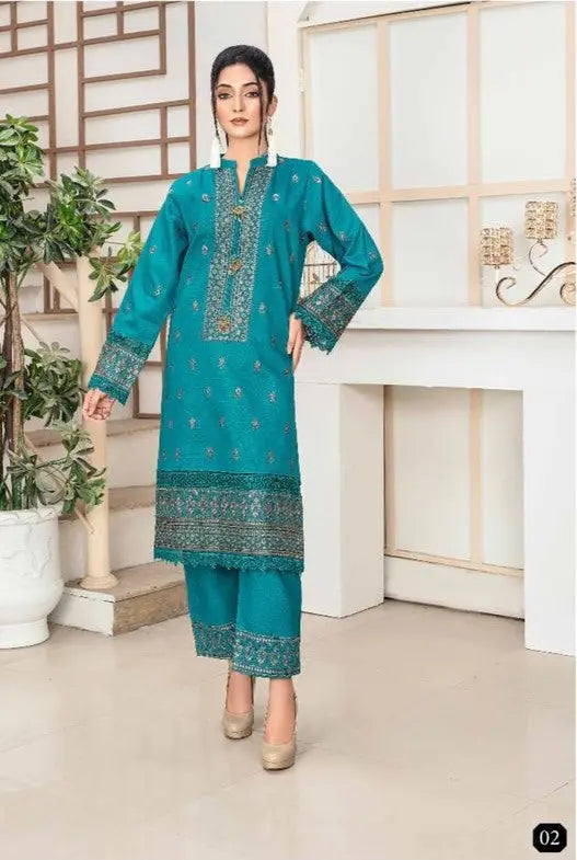 Teal Blue Embroidered Khaddar Stitched 2-Piece Suit Khoobsurat