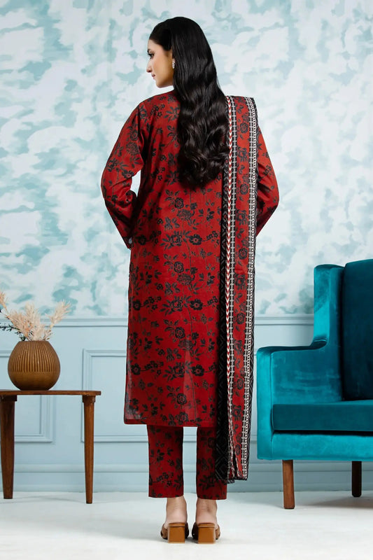 Rust Red & Black Floral Printed Lawn 3-Piece Suit | Timeless Charm Collection | Khoobsurat 2025 Khoobsurat