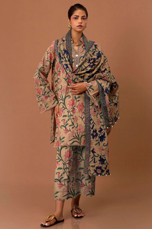 Vintage Blossom Beige 3-Piece Lawn Suit | Elegant Floral Ensemble | Khoobsurat 2025