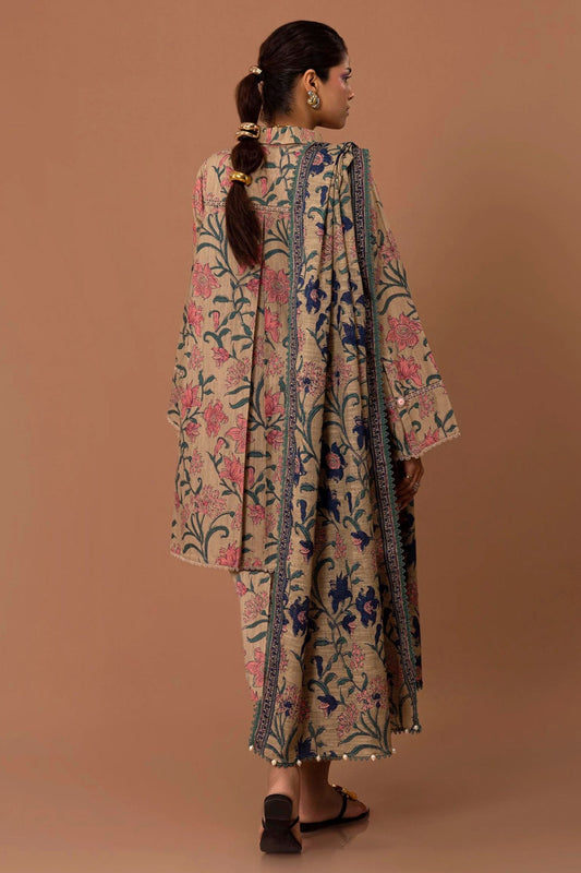 Vintage Blossom Beige 3-Piece Lawn Suit | Elegant Floral Ensemble | Khoobsurat 2025