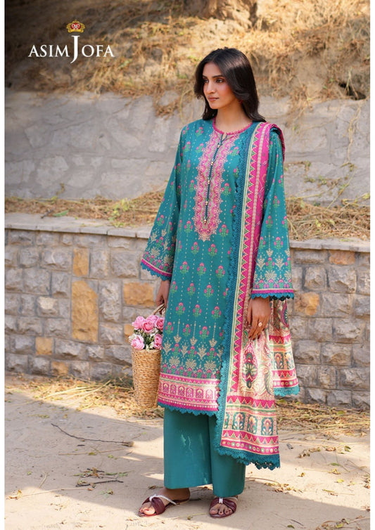 Teal & Pink Embroidered Lawn Suit | Asim Jofa | 3-Piece