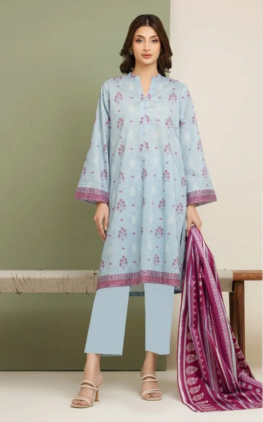 Sky Blossom - 3 Piece Printed Lawn Suit | Serene Blue with Rich Maroon Contrast Khoobsurat