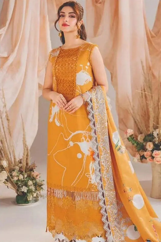 Luxury Embroidered Unstitched 3-Piece – Mustard Yellow with Lace & Fringe Detailing Khoobsurat