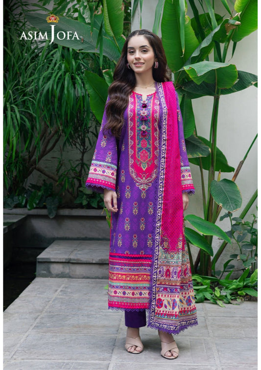 Purple & Pink Embroidered Lawn Suit | Asim Jofa | 3-Piece