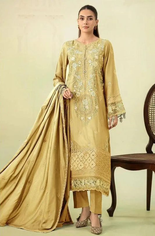 Luxury Embroidered Unstitched 3-Piece – Gold Beige with Intricate Embroidery Khoobsurat