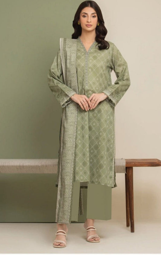 Olive Grace - 3 Piece Printed Lawn Suit | Subtle Elegance in Sage Green