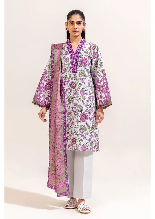 Beech Tree - 3 Piece Printed Lawn Suit (White & Purple Floral) Khoobsurat