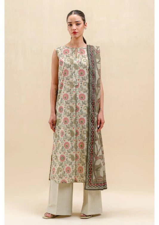 Elegant Beige Printed Lawn Suit with Dupatta - Beech Tree Khoobsurat