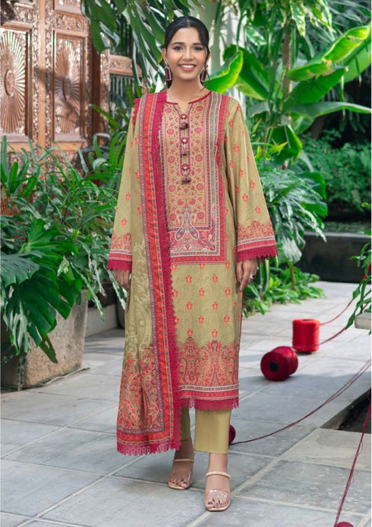 Olive Green & Red Embroidered Lawn Suit | Asim Jofa | 3-Piece