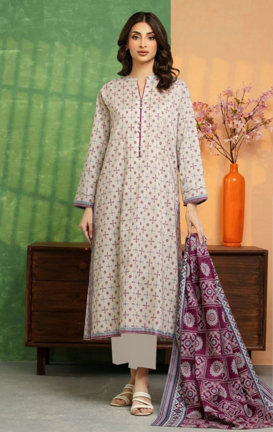 Subtle Charm - 3 Piece Printed Lawn Suit | Beige with Maroon Accents