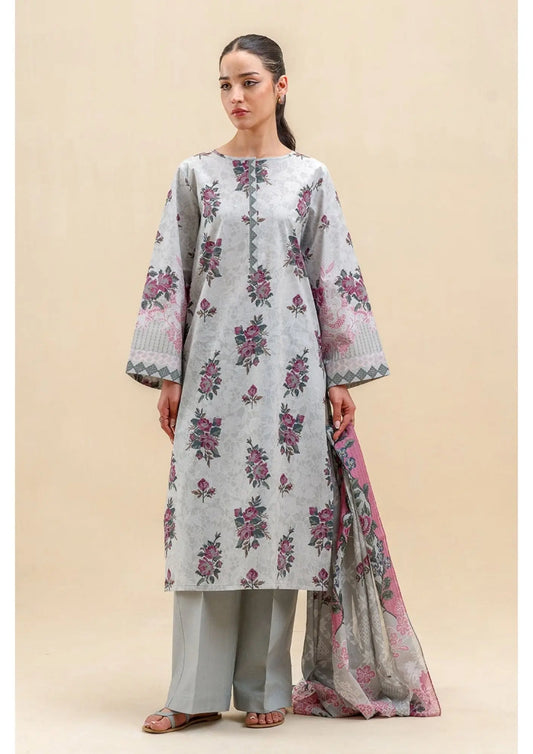 Elegant Grey and Pink Printed Lawn Suit with Dupatta - Beech Tree Khoobsurat