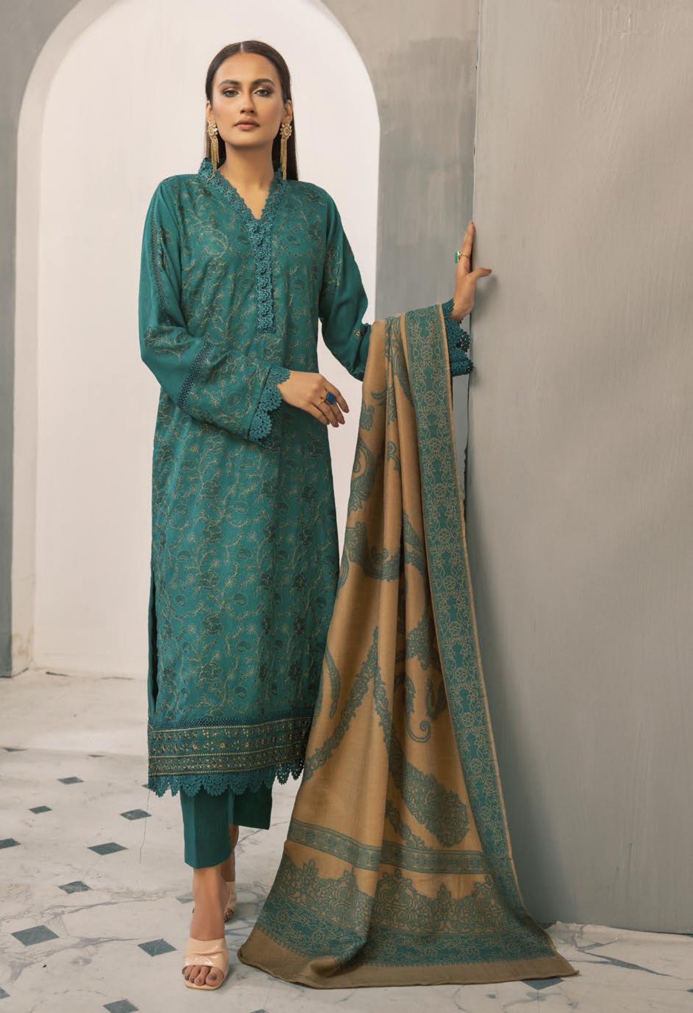 Anchal Embroidered with Sawati Shawl 3 Piece Suit (As-04)