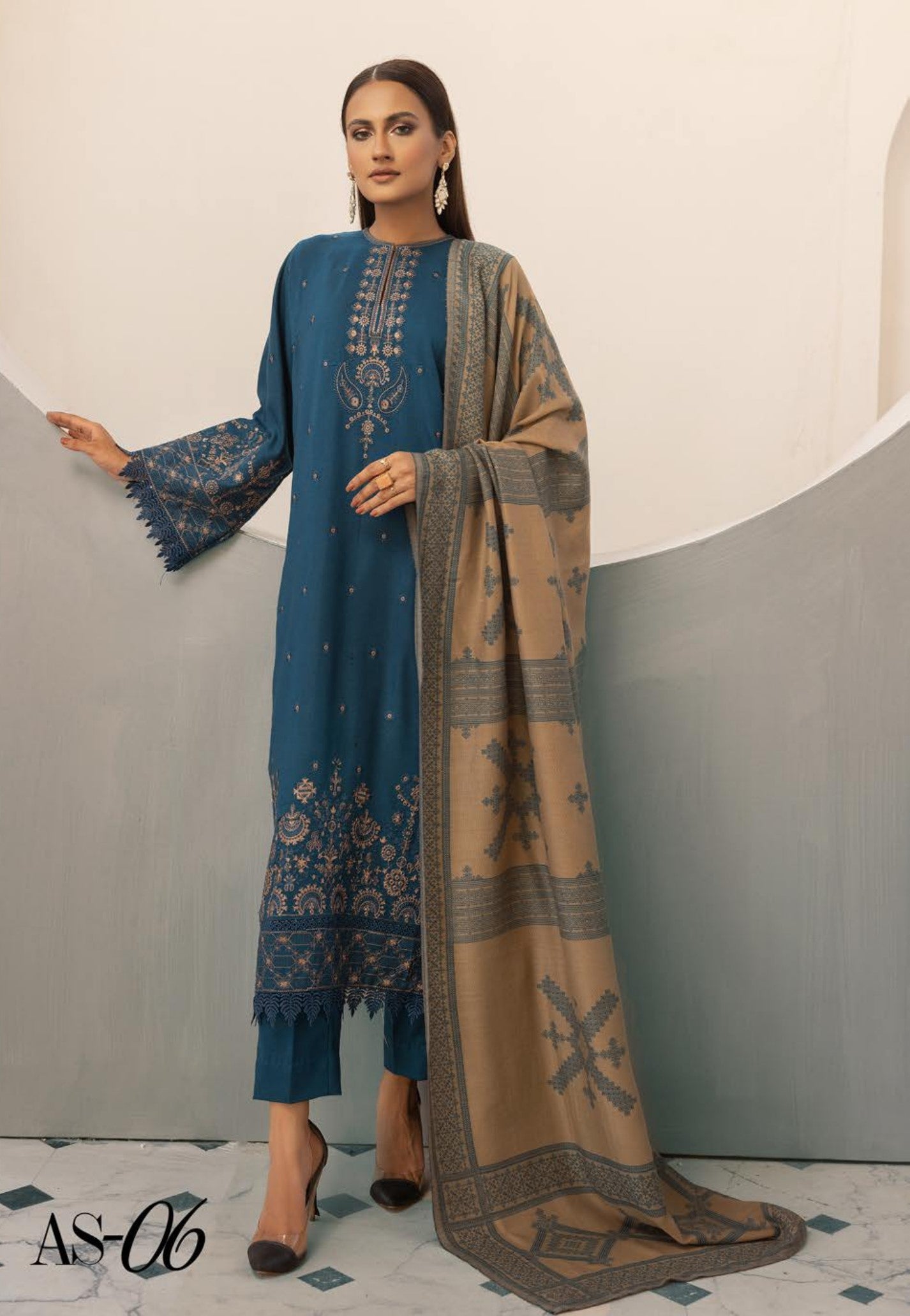 Anchal Embroidered with Sawati Shawl 3 Piece Suit (As-06)