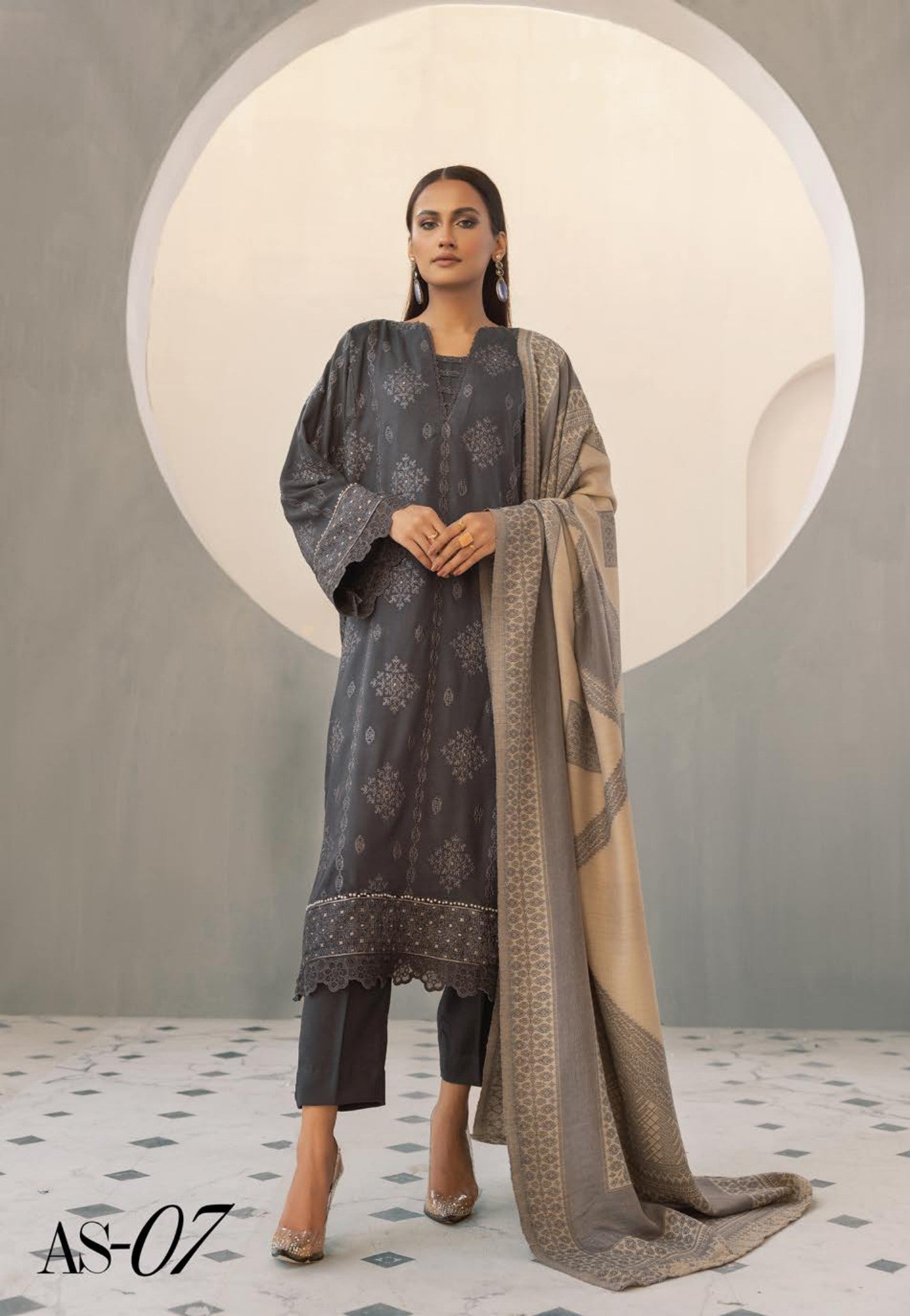 Anchal Embroidered with Sawati Shawl 3 Piece Suit (As-07)