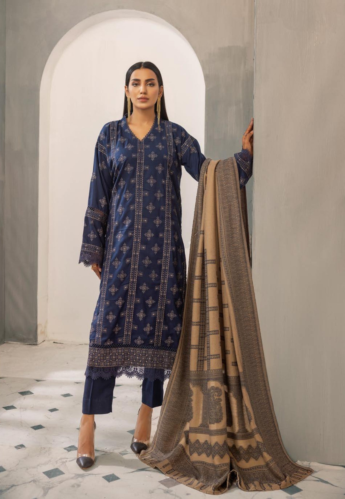 Anchal Embroidered with Sawati Shawl 3 Piece Suit (As-08)