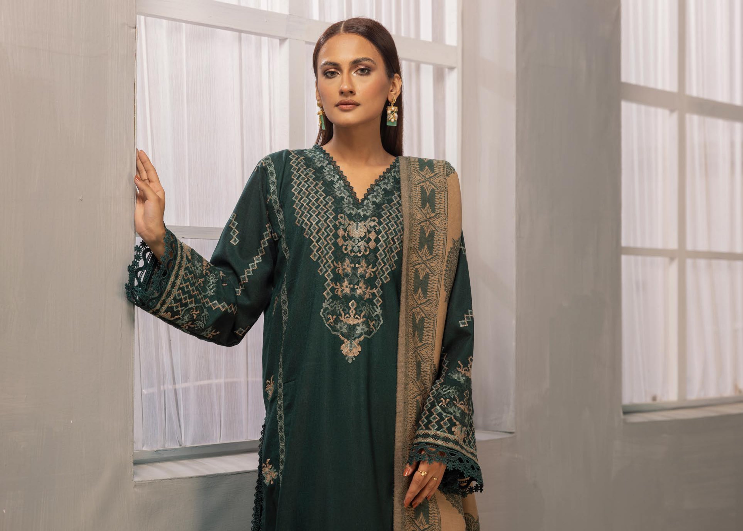 Anchal Embroidered with Sawati Shawl 3 Piece Suit (As-09)