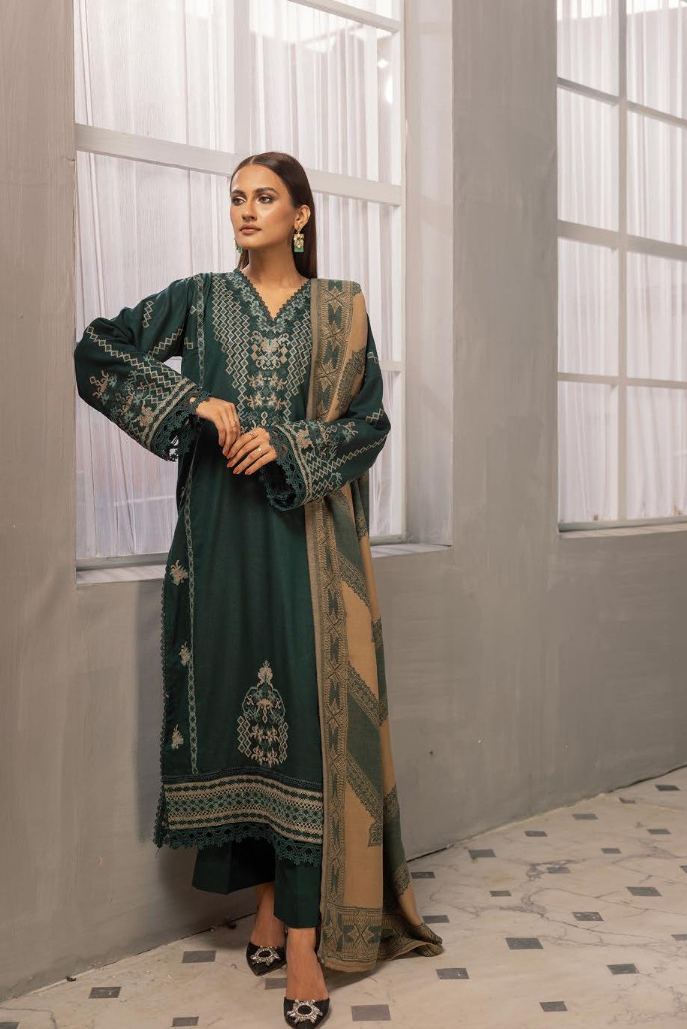 Anchal Embroidered with Sawati Shawl 3 Piece Suit (As-09)