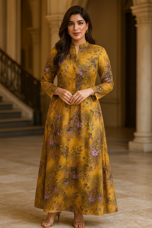 Bin Saeed Cotrai 2-Piece Printed Suit – Mustard Orchid Elegance