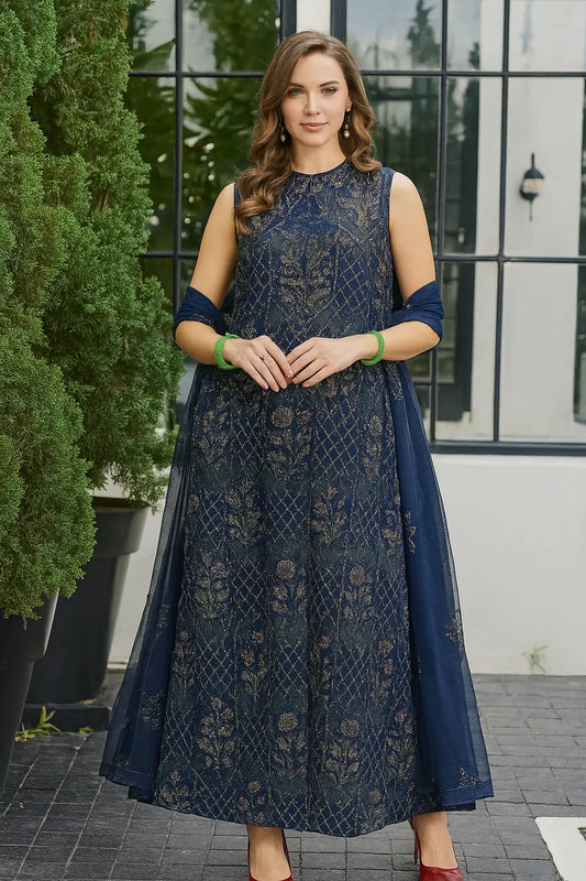 Midnight Blue Embroidered Long Gown – Formal Partywear | Luxe Evening Collection 2025 Khoobsurat