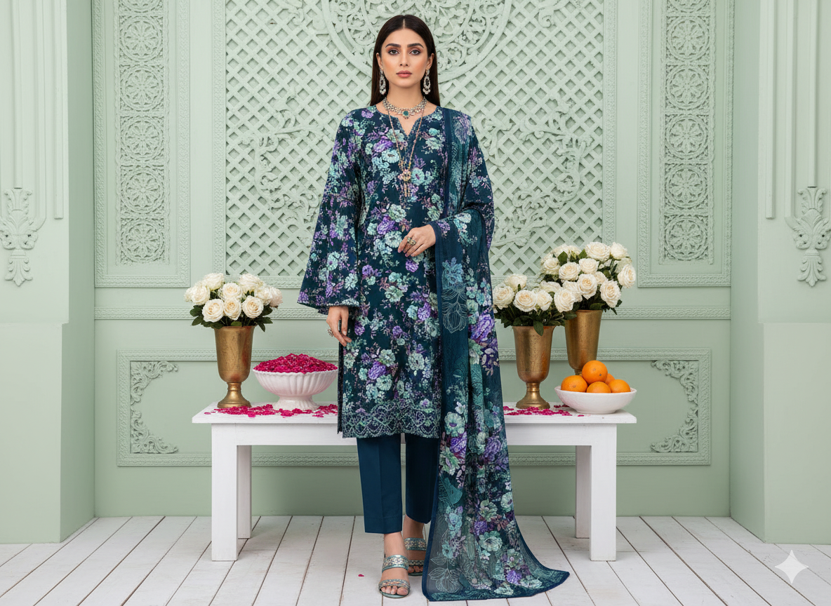 I.J by Hooriya Gold – Teal Twilight 3-Piece Unstitched Viscose Suit