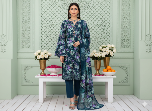 I.J by Hooriya Gold – Teal Twilight 3-Piece Unstitched Viscose Suit