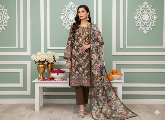 I.J by Hooriya Gold – Luxe Bloom 3-Piece Unstitched Lawn Suit