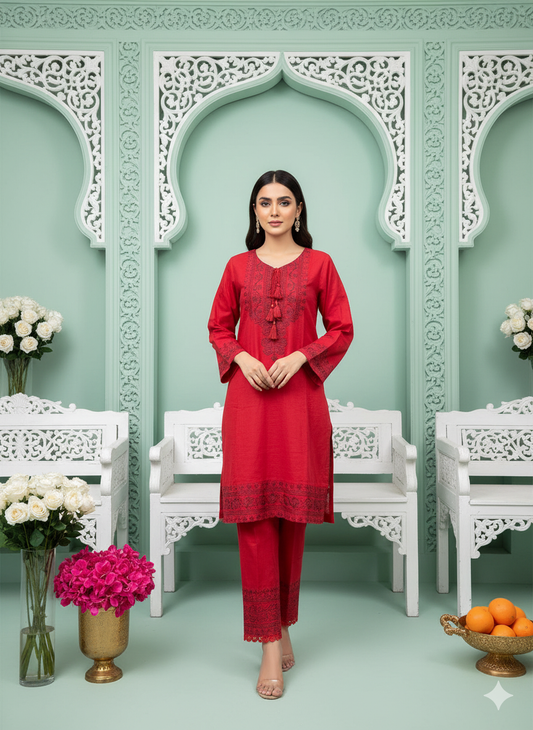 Crimson Red 2-Piece Embroidered Khaddar Suit