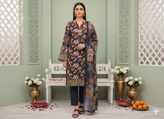 I.J by Hooriya Gold – Midnight Garden 3-Piece Unstitched Viscose Suit