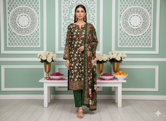 I.J by Hooriya Gold – Rosewood Garden 3-Piece Unstitched Viscose Suit