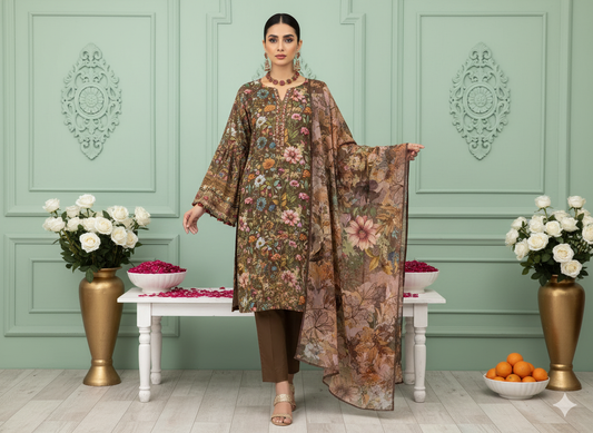 I.J by Hooriya Gold – Autumn Rust 3-Piece Unstitched Viscose Suit