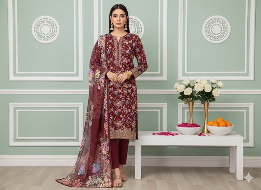 I.J by Hooriya Gold – Crimson Bloom 3-Piece Unstitched Viscose Suit