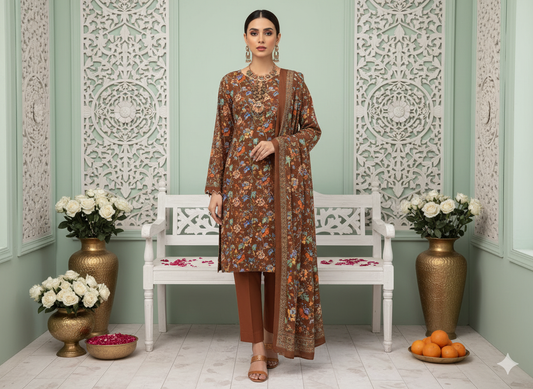 I.J by Hooriya Gold – Amber Garden 3-Piece Unstitched Viscose Suit