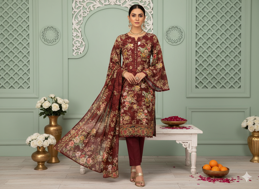 I.J by Hooriya Gold – Maroon Elegance 3-Piece Unstitched Viscose Suit