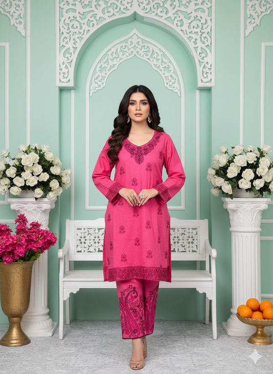 Magenta Pink 2-Piece Embroidered Khaddar Suit