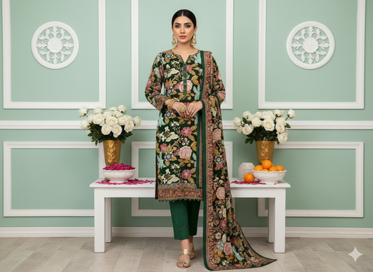 I.J by Hooriya Gold – Maroon Elegance 3-Piece Unstitched Viscose Suit