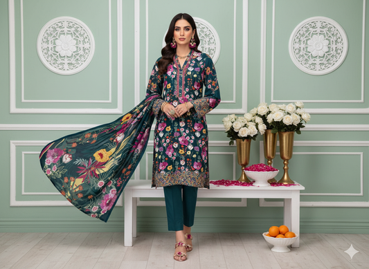 I.J by Hooriya Gold – Midnight Petals 3-Piece Unstitched Viscose Suit